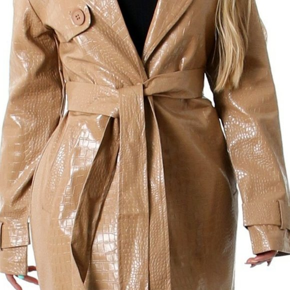 Croc Embossed Belted Trench coat man made leat Long sleeve Waist tie buc… - Picture 4 of 7